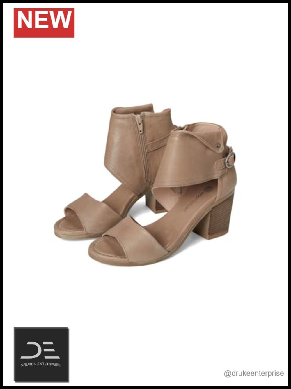 Women's Leather Heeled Sandals Block Heel Zip Ankle Strap Open Toe